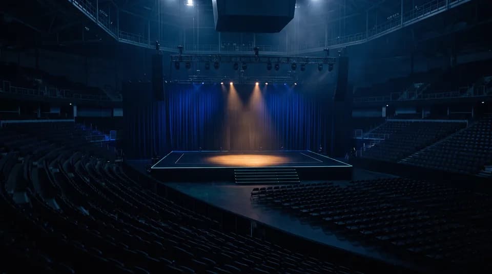 An empty competition stage under a single spotlight