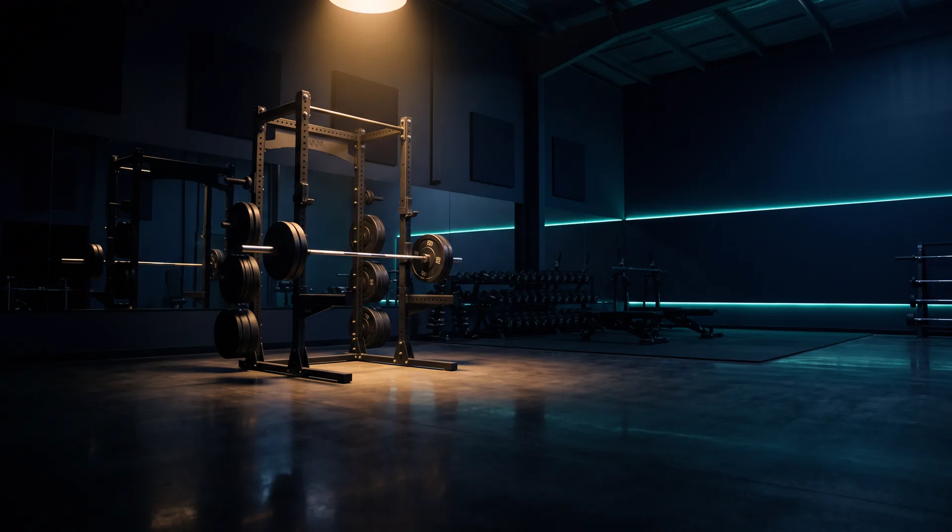 A loaded barbell waiting in a dark gym, lit by a single warm light